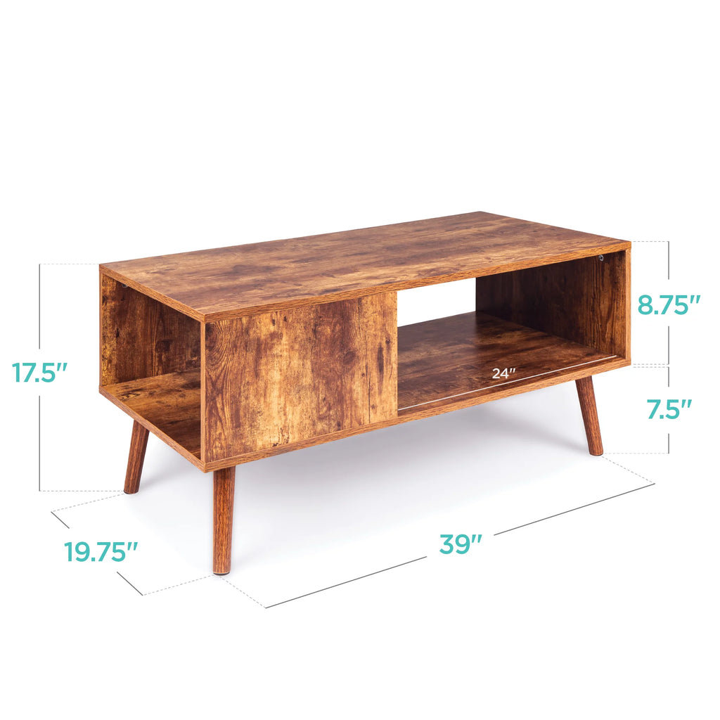 Wooden Mid-Century Modern Coffee Accent Table with Open Storage Shelf Brown T804