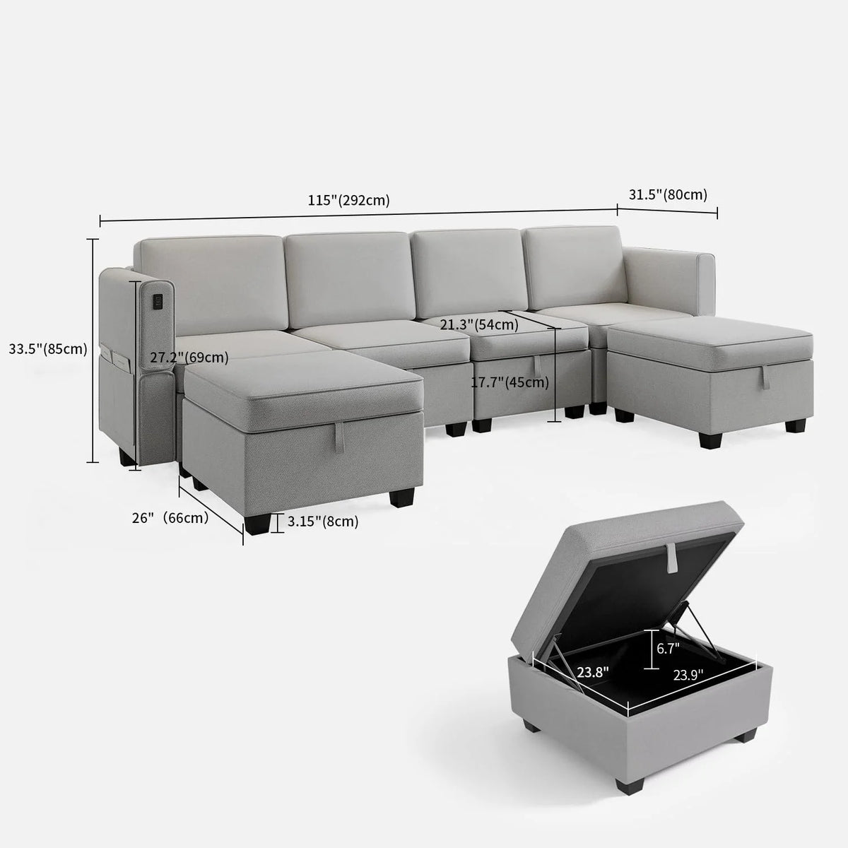Grey U Shaped 6 Seats Modular Sectional Sofa P626573