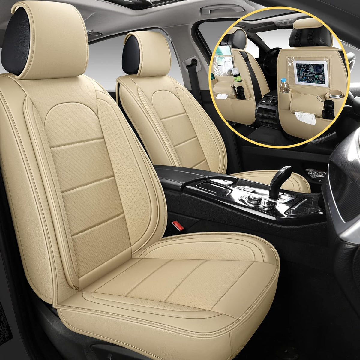 Leather Car Seat Covers with Backseat Organizer, Front Pair, Grey A417