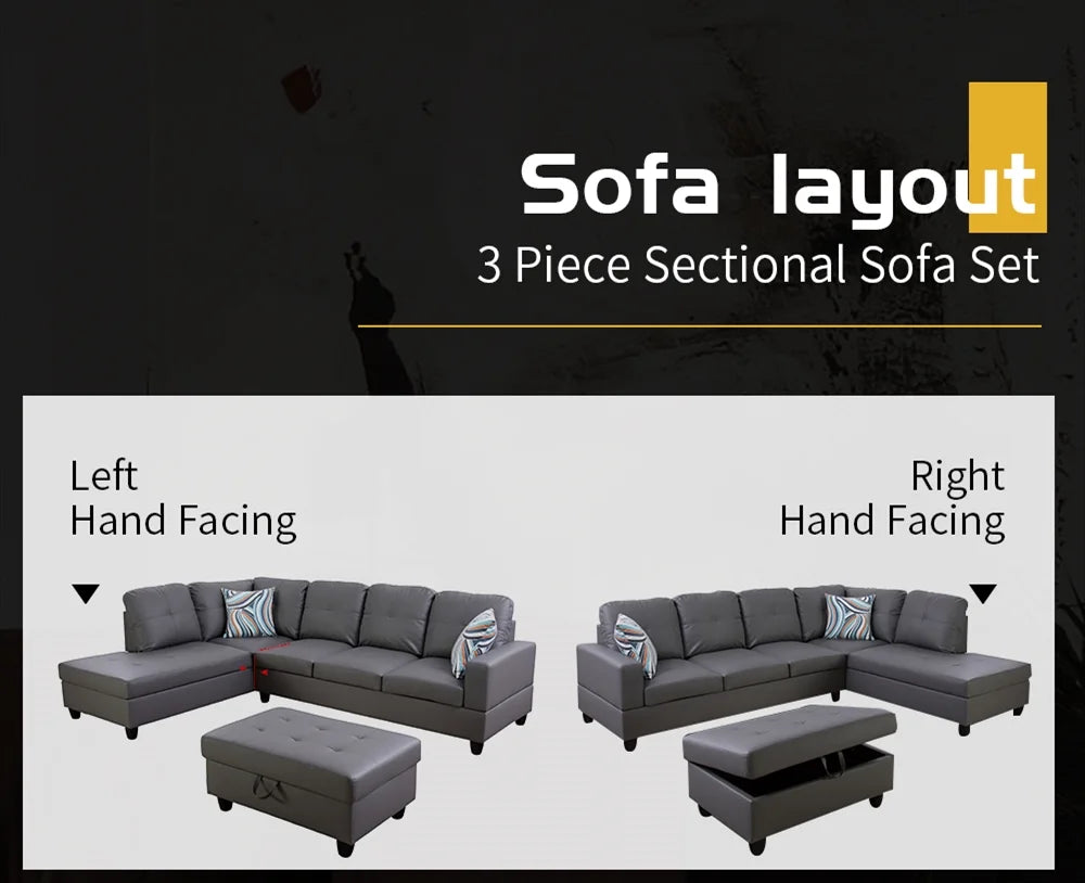 Dark Grey Faux Leather Sectional with Ottoman I822