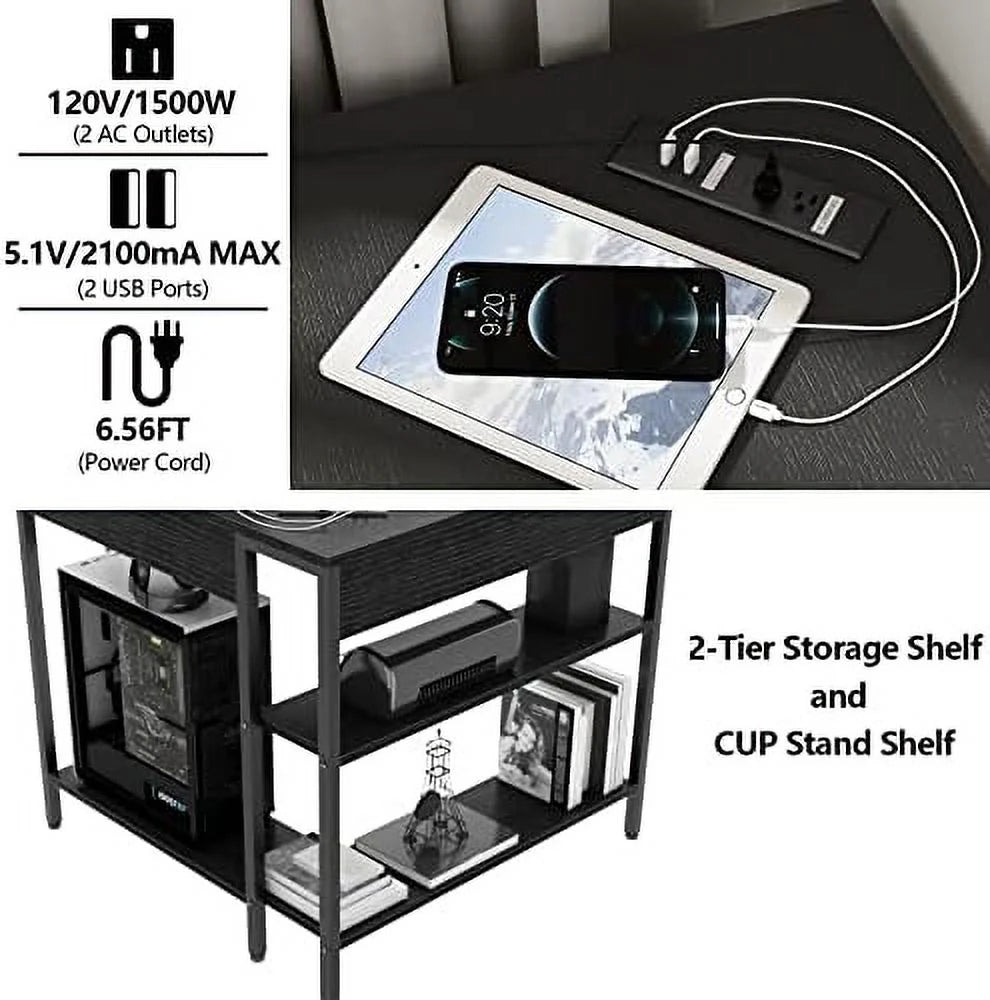Black Corner Desk with Outlets USB Ports Shelves Q470