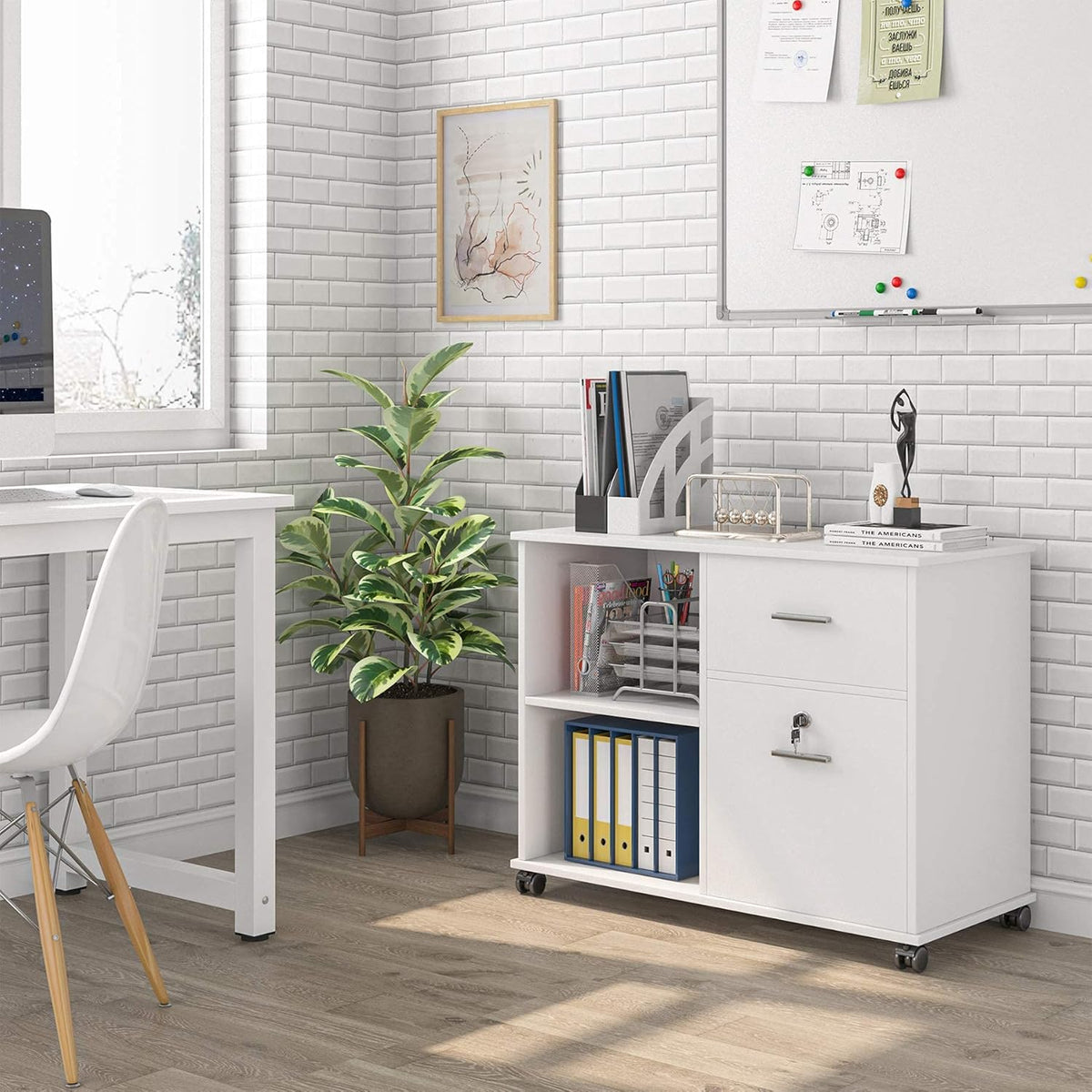 2 Drawer White Mobile File Cabinet with Lock and Shelves Z1389