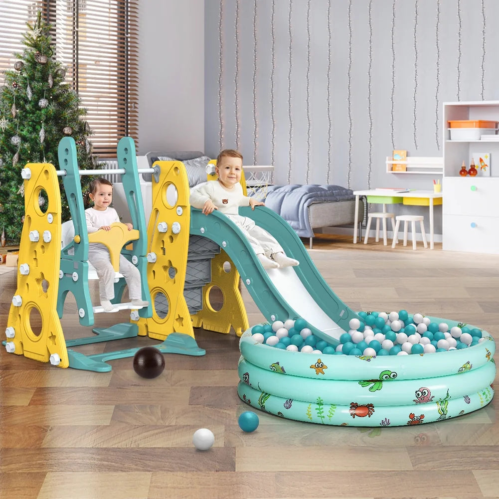6 in 1 Toddler Slide and Swing Set with Basketball Hoop D531856