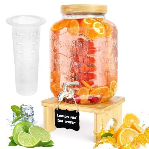 2 Gallon Glass Beverage Dispenser with Wood Stand and Stainless Steel Spigot T9757