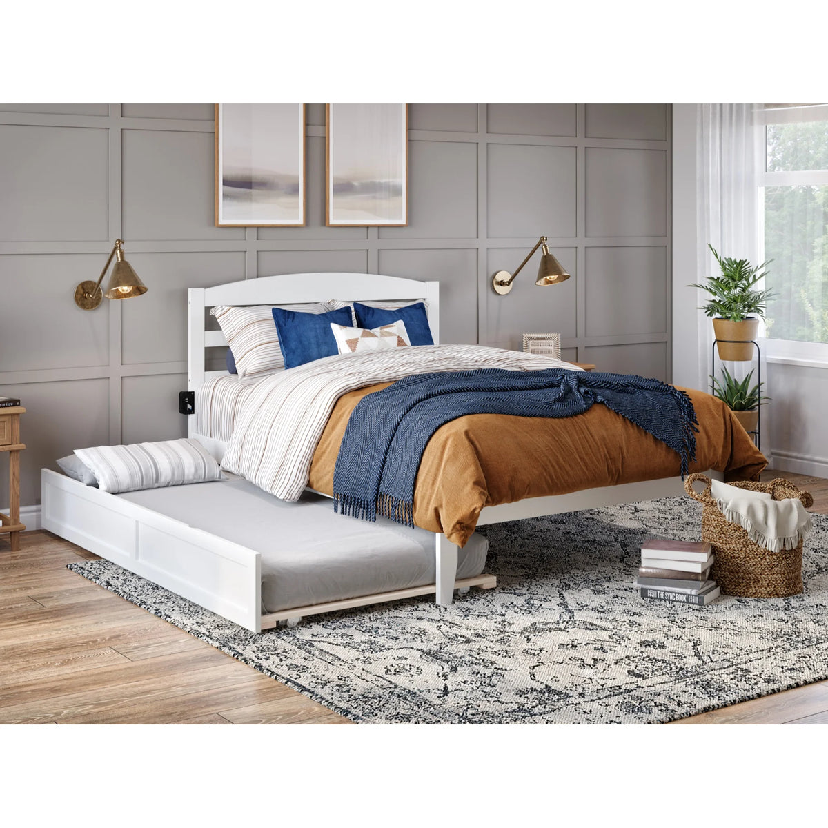 Solid Wood Queen Bed with Twin Trundle and USB Charger in White B2619