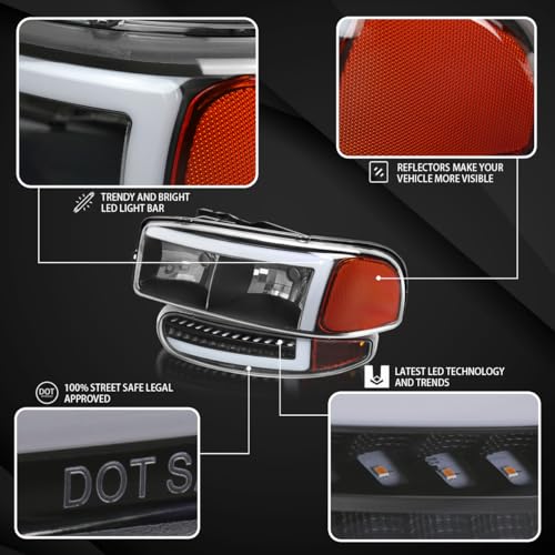 Compatible with 2000-2006 GMC Sierra Denali Black Smoke LED Tube Headlights + Sequential Bumper Lights Q282434