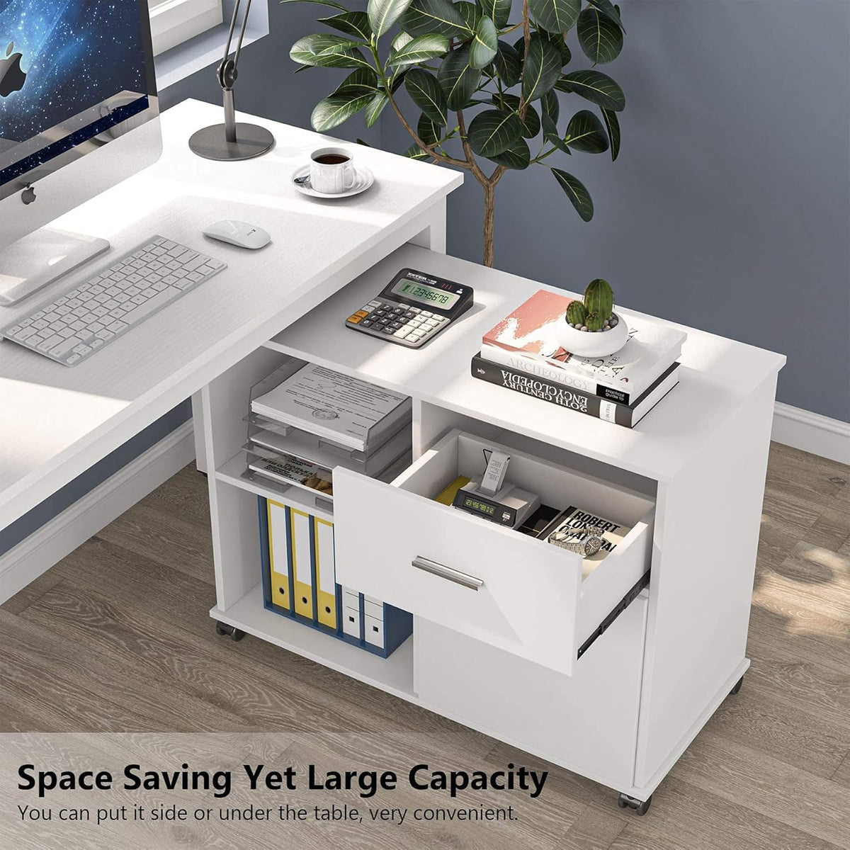2 Drawer White Mobile File Cabinet with Lock and Shelves Z1389