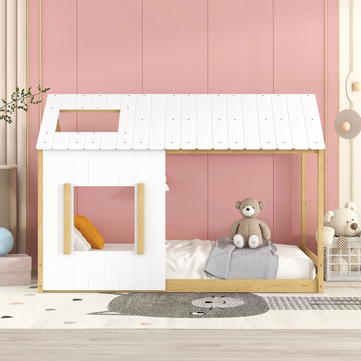 Twin Size Wood House Bed with Roof and Windows Y585997