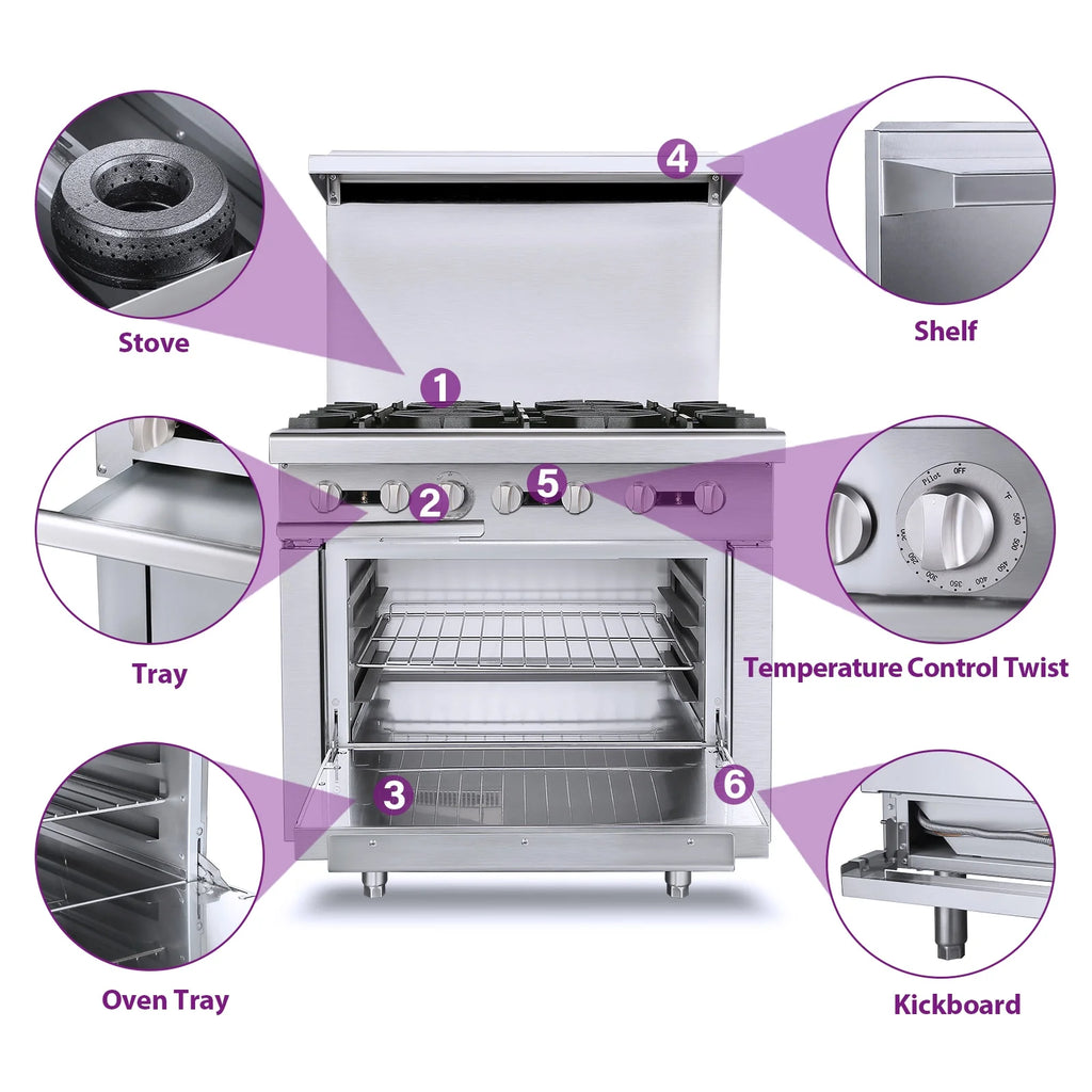 36 Commercial Gas Range Stove with 6 Burner 4.8 Cu.Ft Oven P7042
