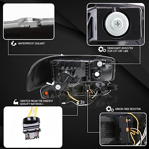 Compatible with 2000-2006 GMC Sierra Denali Black Smoke LED Tube Headlights + Sequential Bumper Lights Q282434
