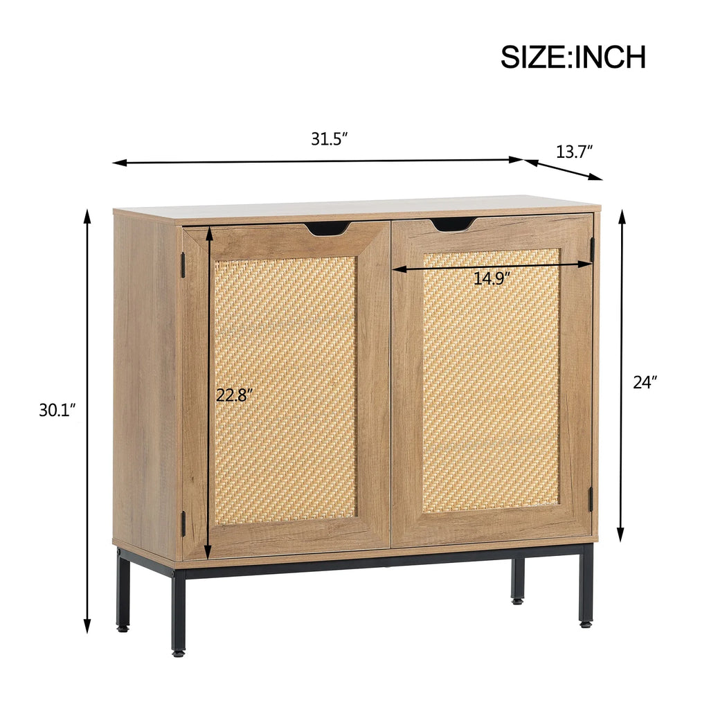 Set of 2 Natural Wood Storage Cabinet with 2 Rattan Doors Y2900