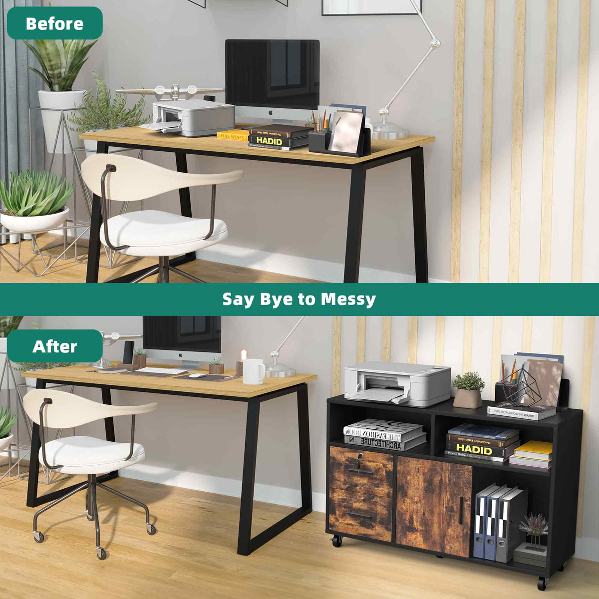Wood 2 Drawer Mobile File Cabinet with Open Storage Shelves S5031