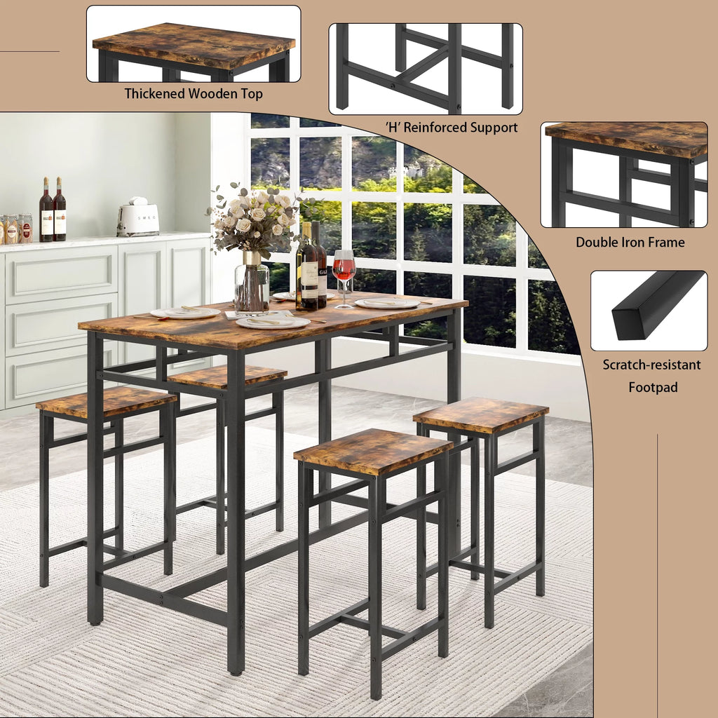 5 Piece Wooden Metal Dining Table and Stools Set A674