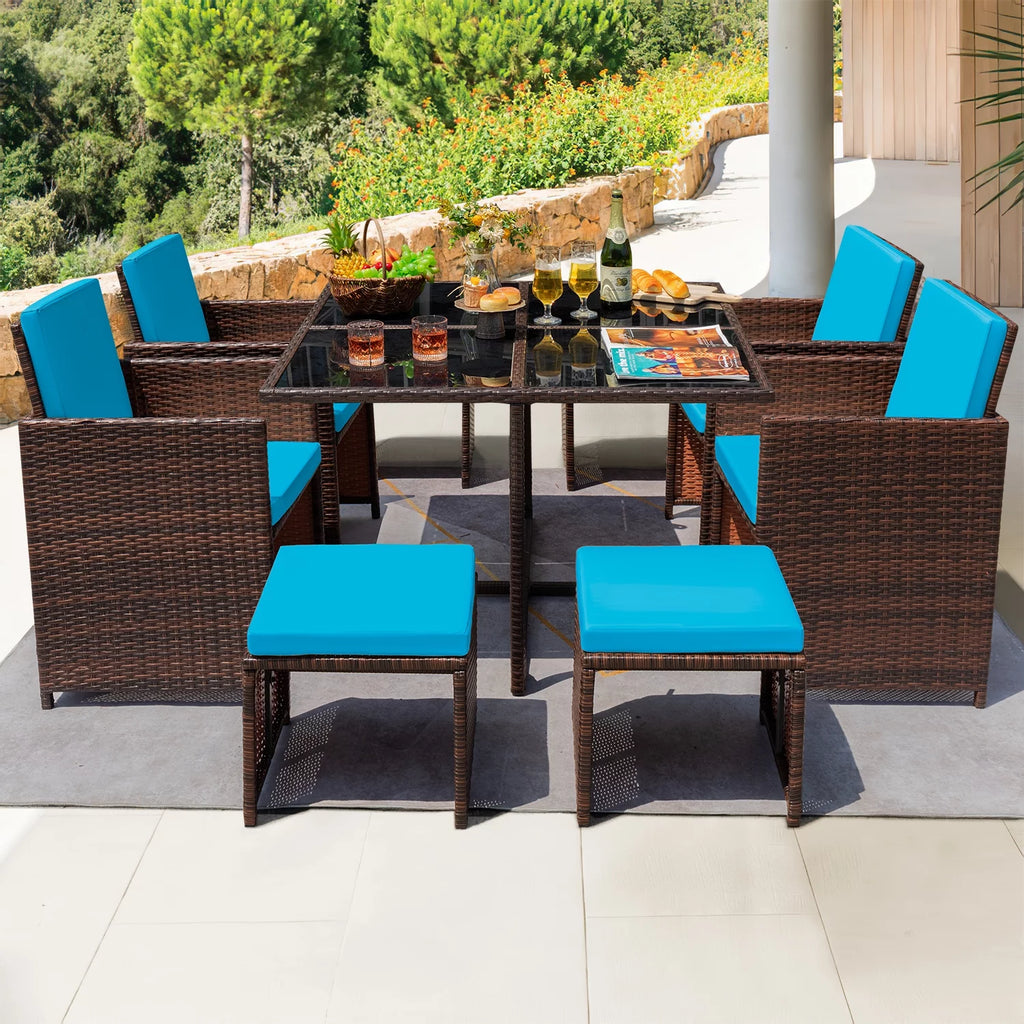 9 Pieces Outdoor Dining Set Wicker Chairs with Glass Table F758