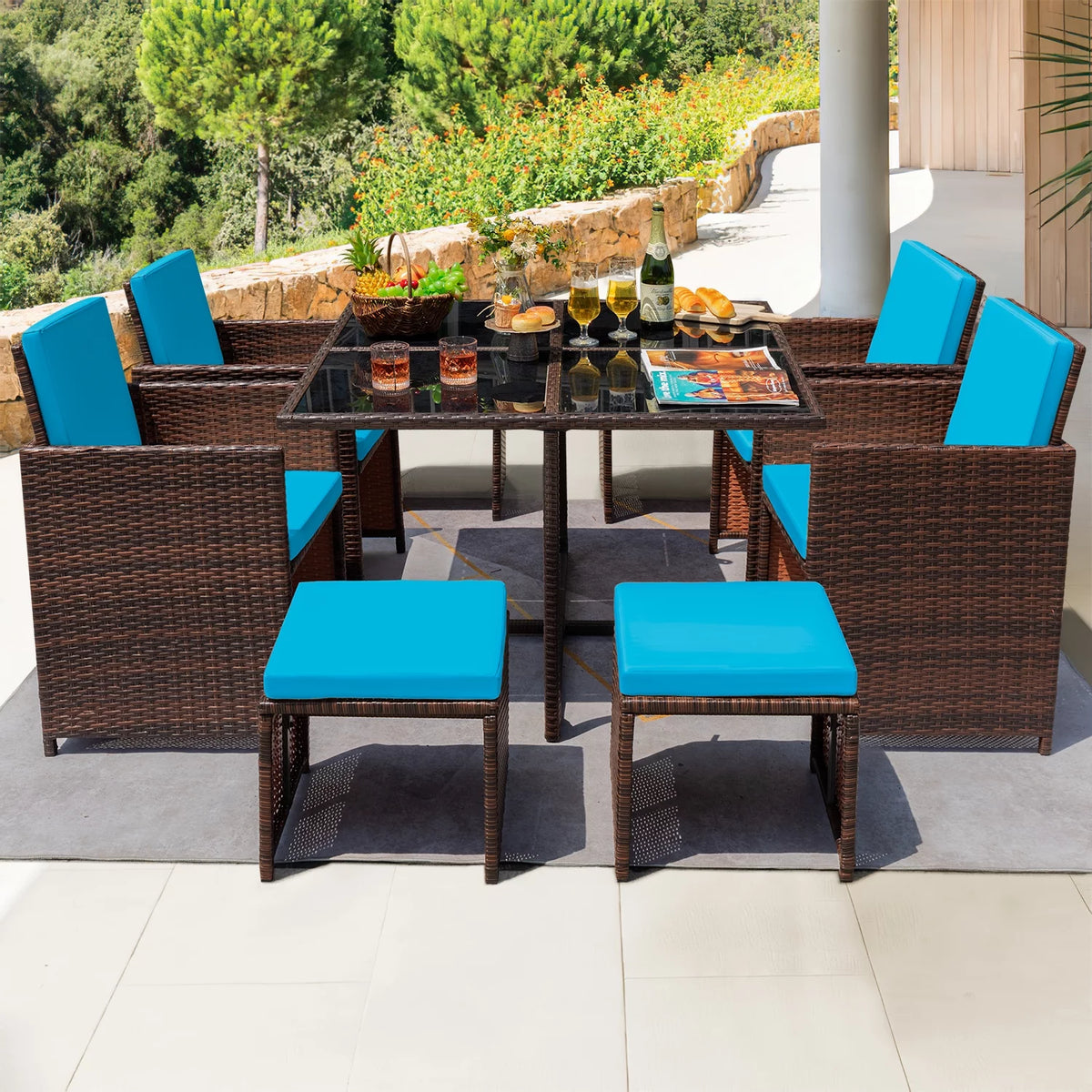 9 Pieces Outdoor Dining Set Wicker Chairs with Glass Table F758