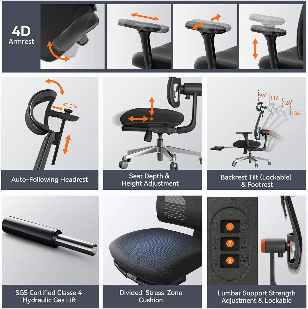 Ergonomic Chair with Footrest, High Back Desk Chair with Lumbar Support, Headrest, 4D Armrest, Adjustable Seat L86396