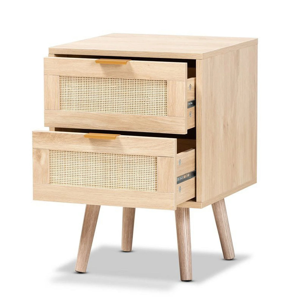 Light Oak Brown Wood and Rattan 2-Drawer Nightstand B6947