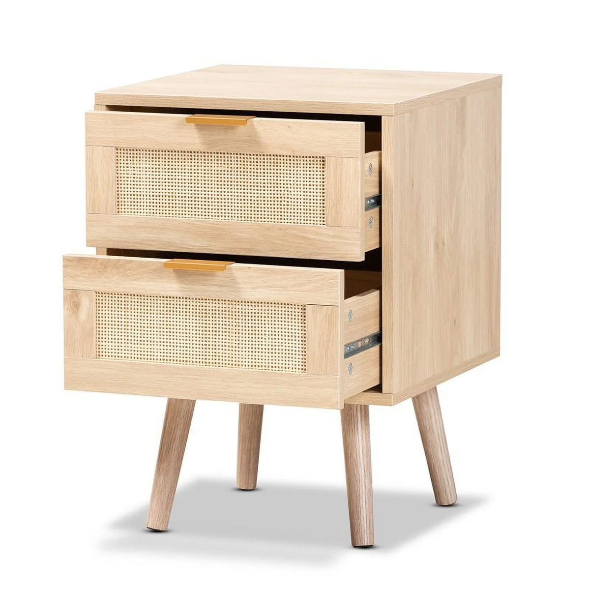 Light Oak Brown Wood and Rattan 2-Drawer Nightstand B6947