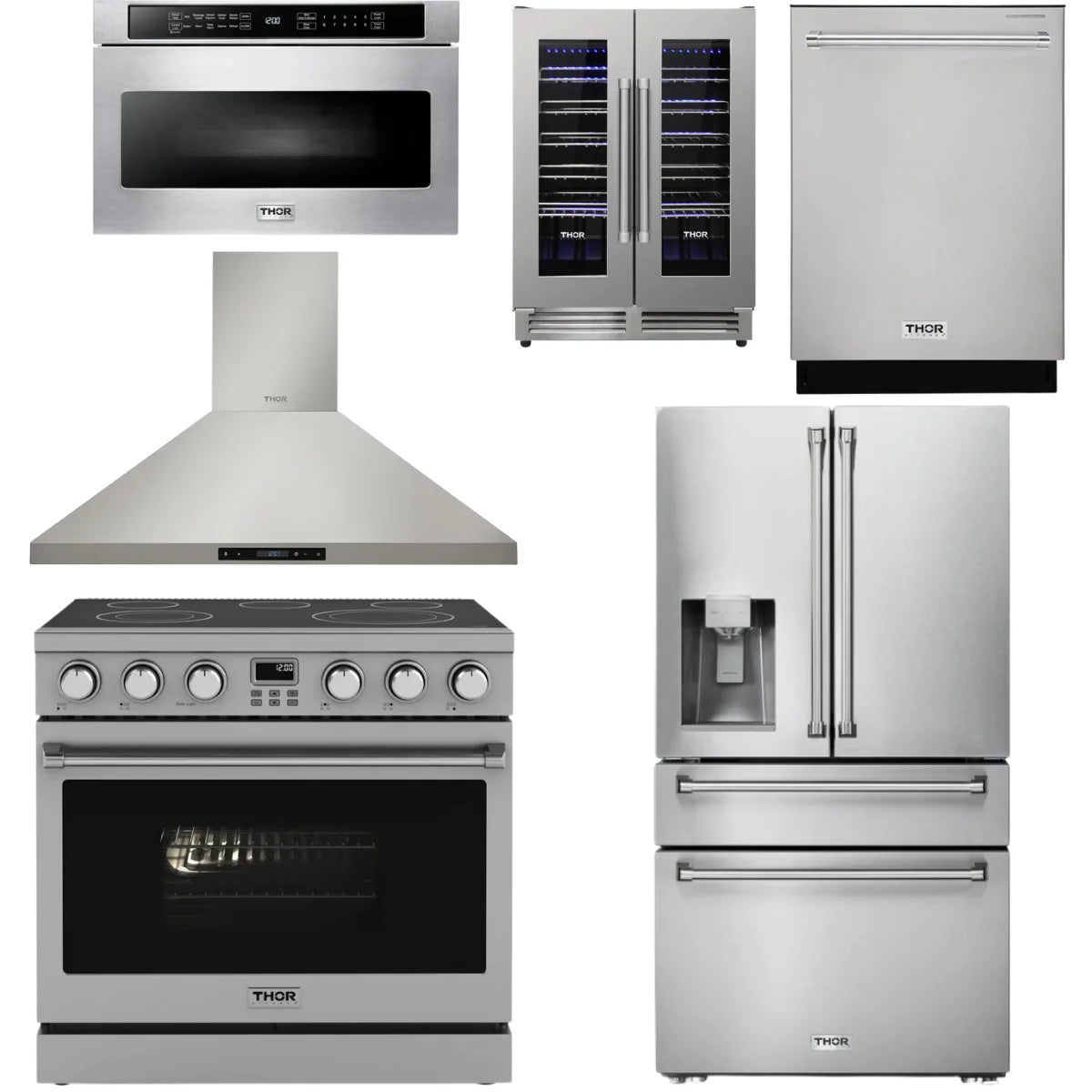 36 Electric Range, Range Hood, Refrigerator, Dishwasher, Microwave and Wine Cooler U913