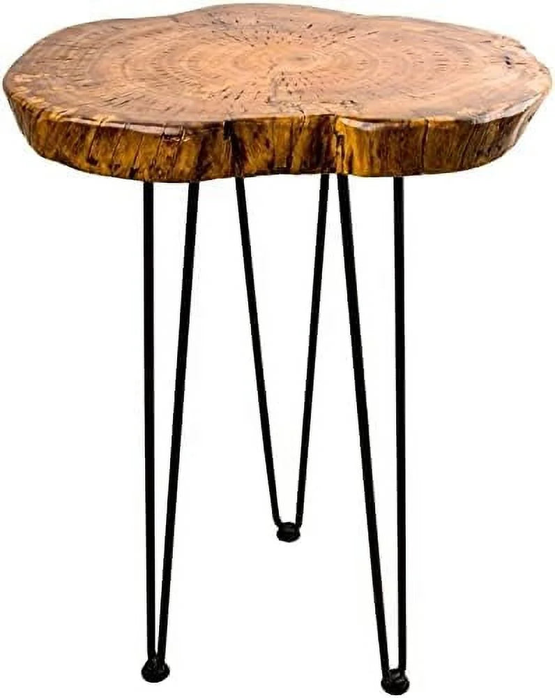 Round Accent Table Old Elm Wood End Table with 3-Leg Metal Stand A7334