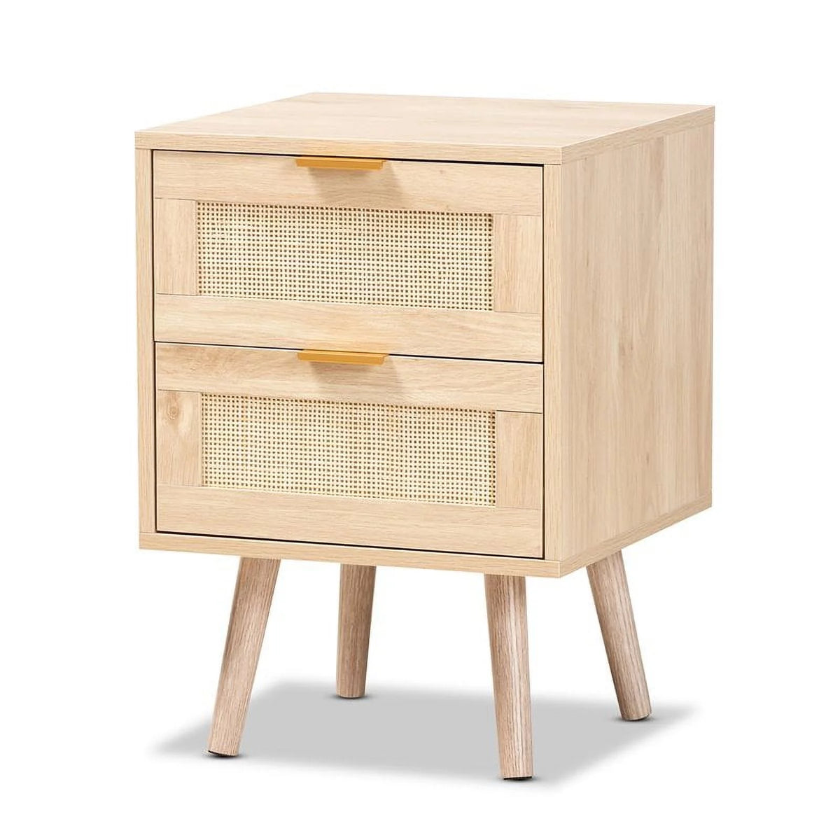 Light Oak Brown Wood and Rattan 2-Drawer Nightstand B6947