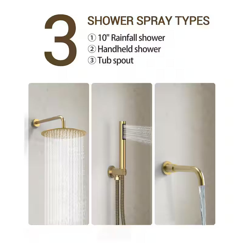 10 in. Wall Mount Shower Head and Tub Faucet 2.5 GPM Brushed Gold T866