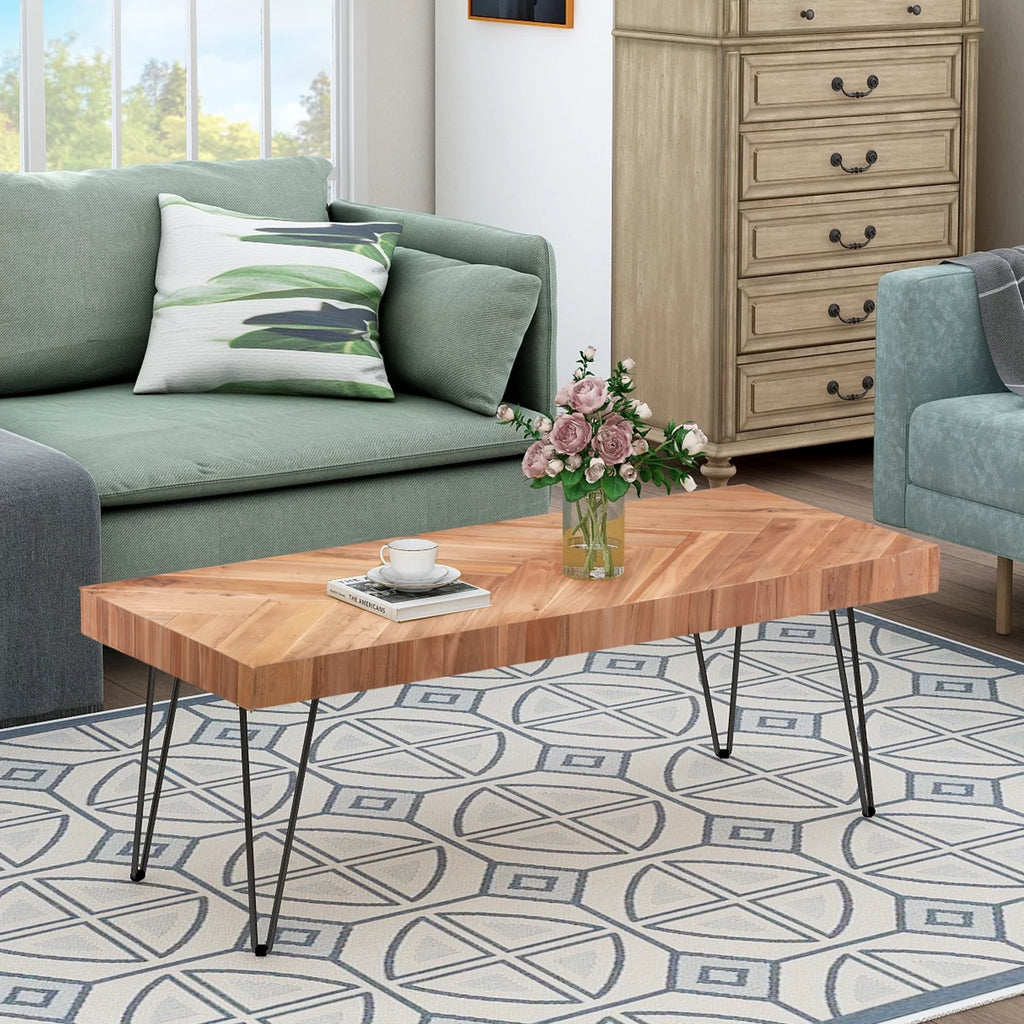 Modern Coffee Table with Chevron Pattern and Metal Hairpin Legs R307