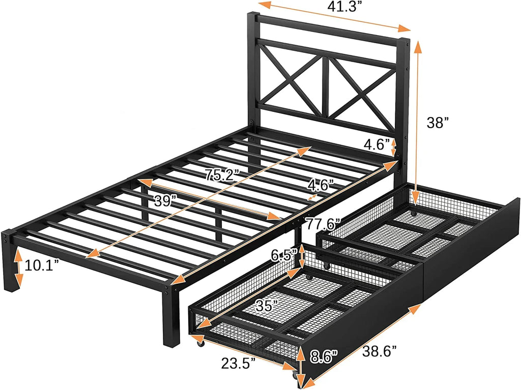 Platform Bed with 2 Storage Drawers Metal Headboard M67957