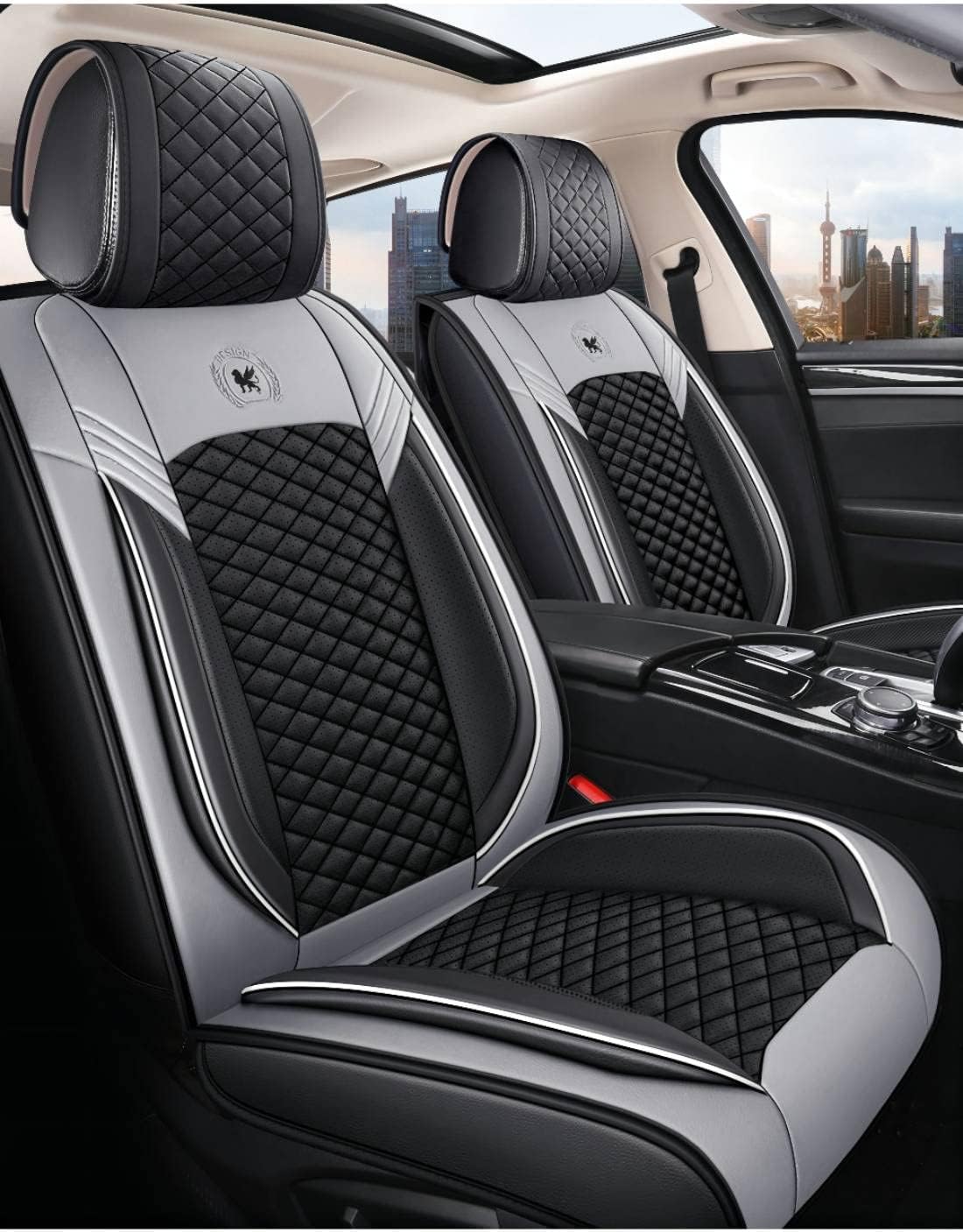 Leather Car Seat Covers 5 Seats Full Set Black Pink Q1523
