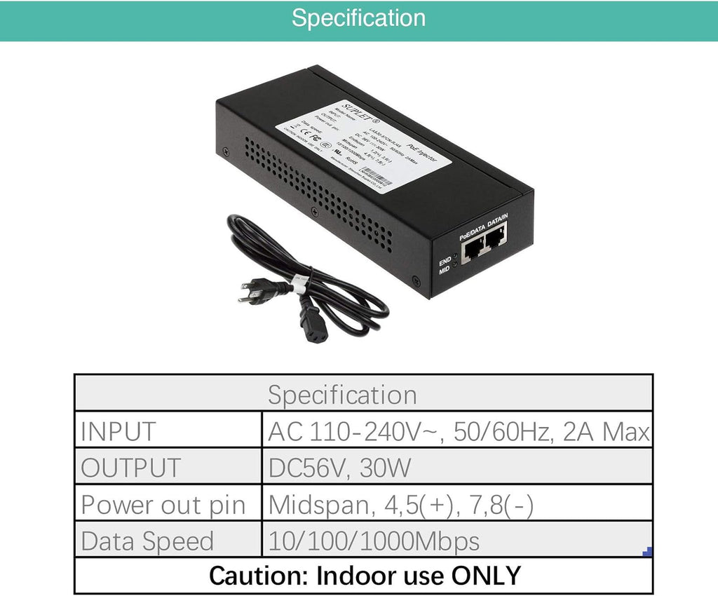 30W Gigabit Single Port Power Over Ethernet PoE Injector V6000