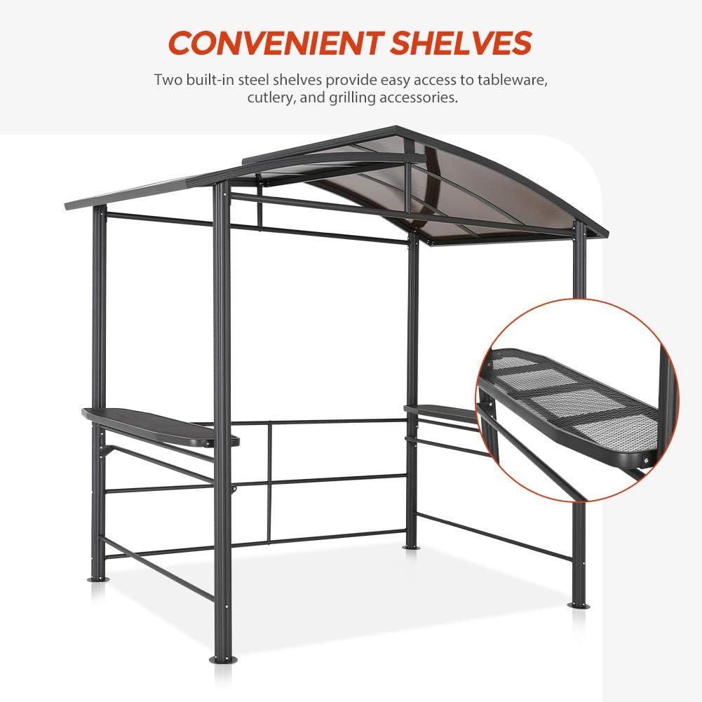 8'x5' Steel Frame Double-Tier Polycarbonate Top Grill Gazebo with Shelves H17904