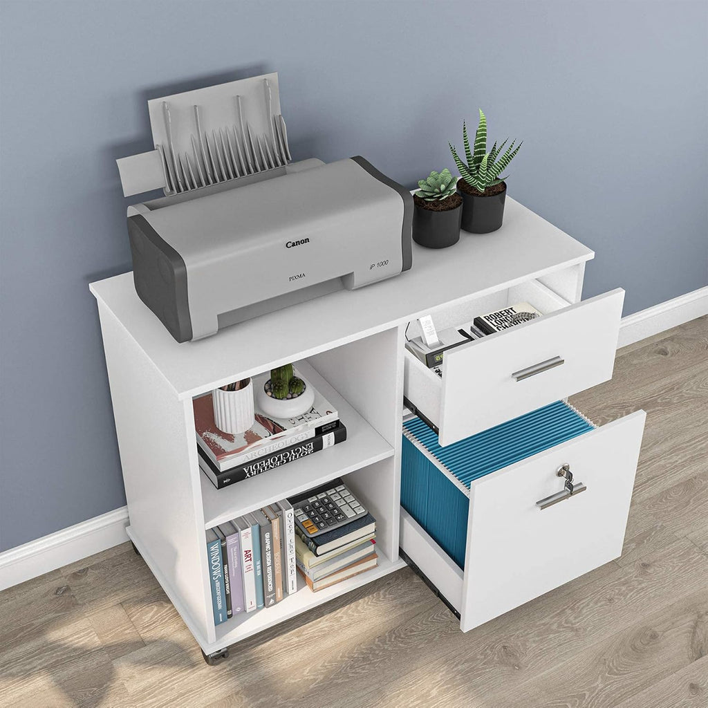 2 Drawer White Mobile File Cabinet with Lock and Shelves Z1389