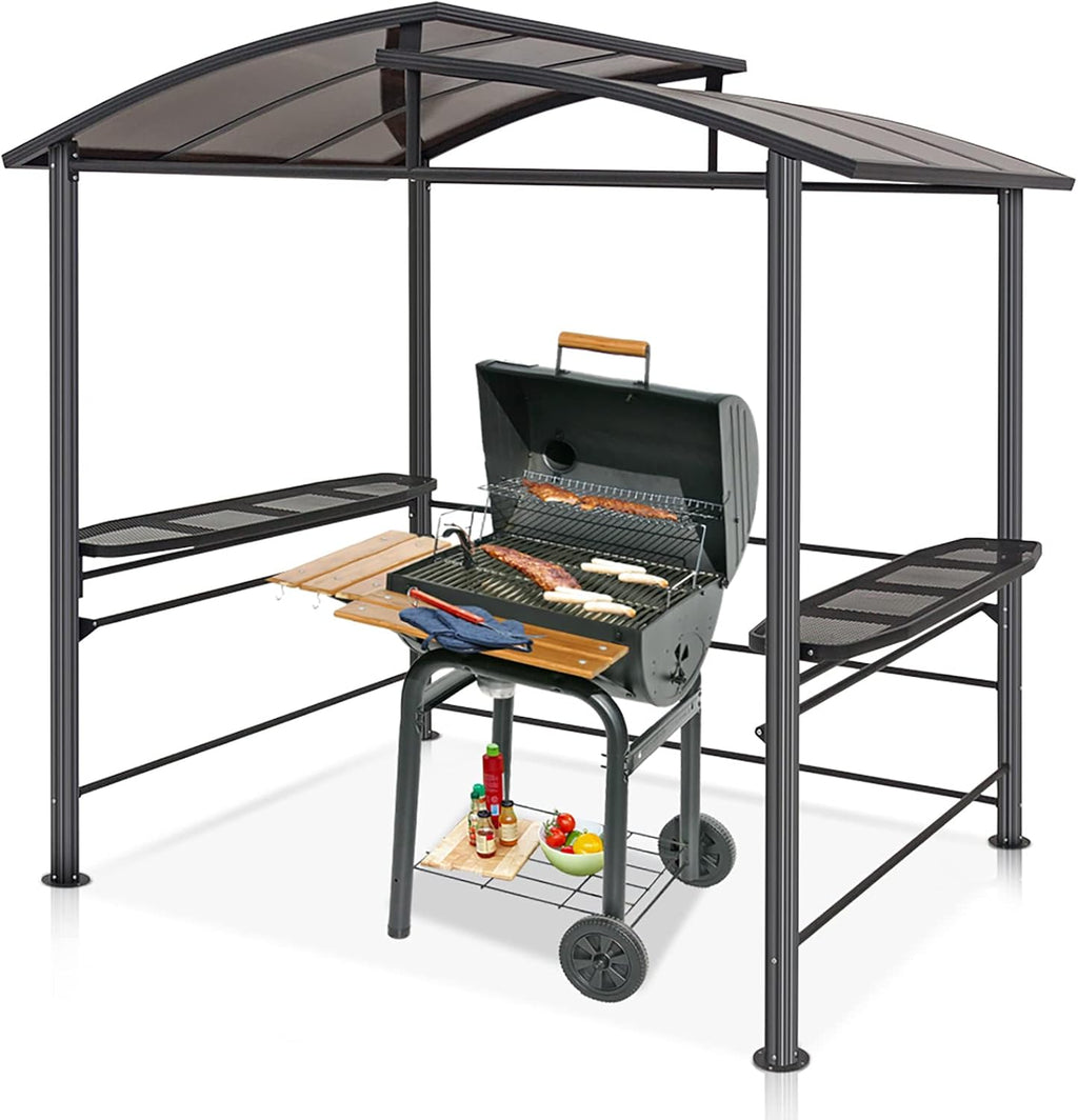 8'x5' Steel Frame Double-Tier Polycarbonate Top Grill Gazebo with Shelves H17904