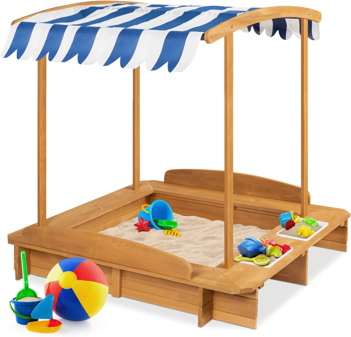 Kids Wooden Sandbox with 2 Bench Seats and Canopy A382