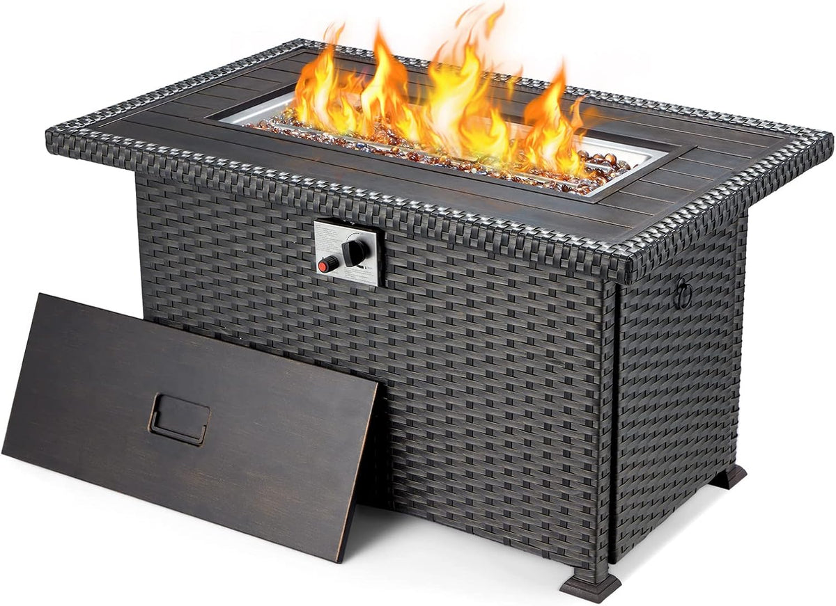 44in Propane Fire Pit Table with Lid, Cover, Glass Beads F4303