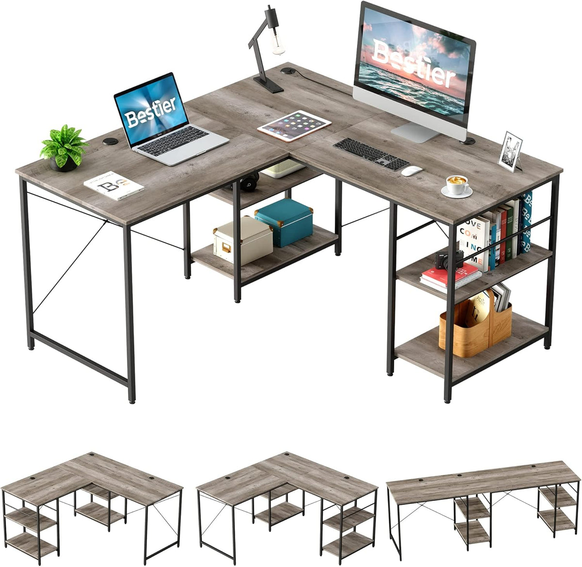 L Shaped Gaming Desk with Shelves 95.2 Inch Reversible Corner Computer Desk Y640