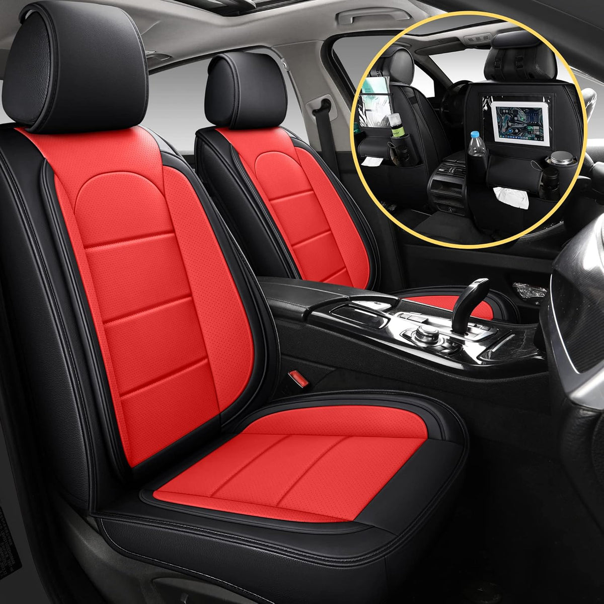Leather Car Seat Covers with Backseat Organizer, Front Pair, Grey A417