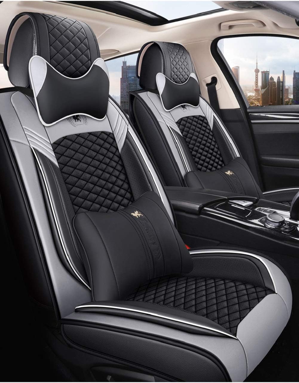 Leather Car Seat Covers 5 Seats Full Set Black Pink Q1523
