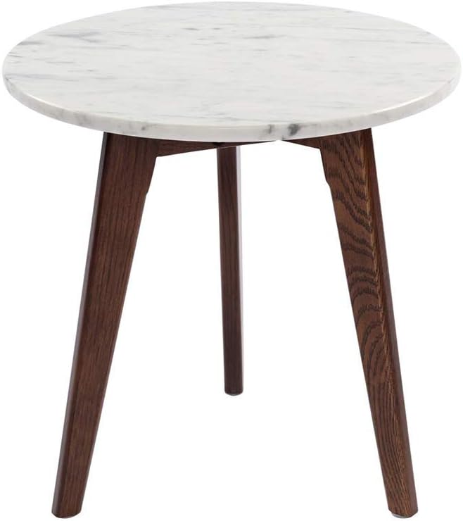 Round Modern Italian Carrara White Marble End Table with Walnut Legs L336