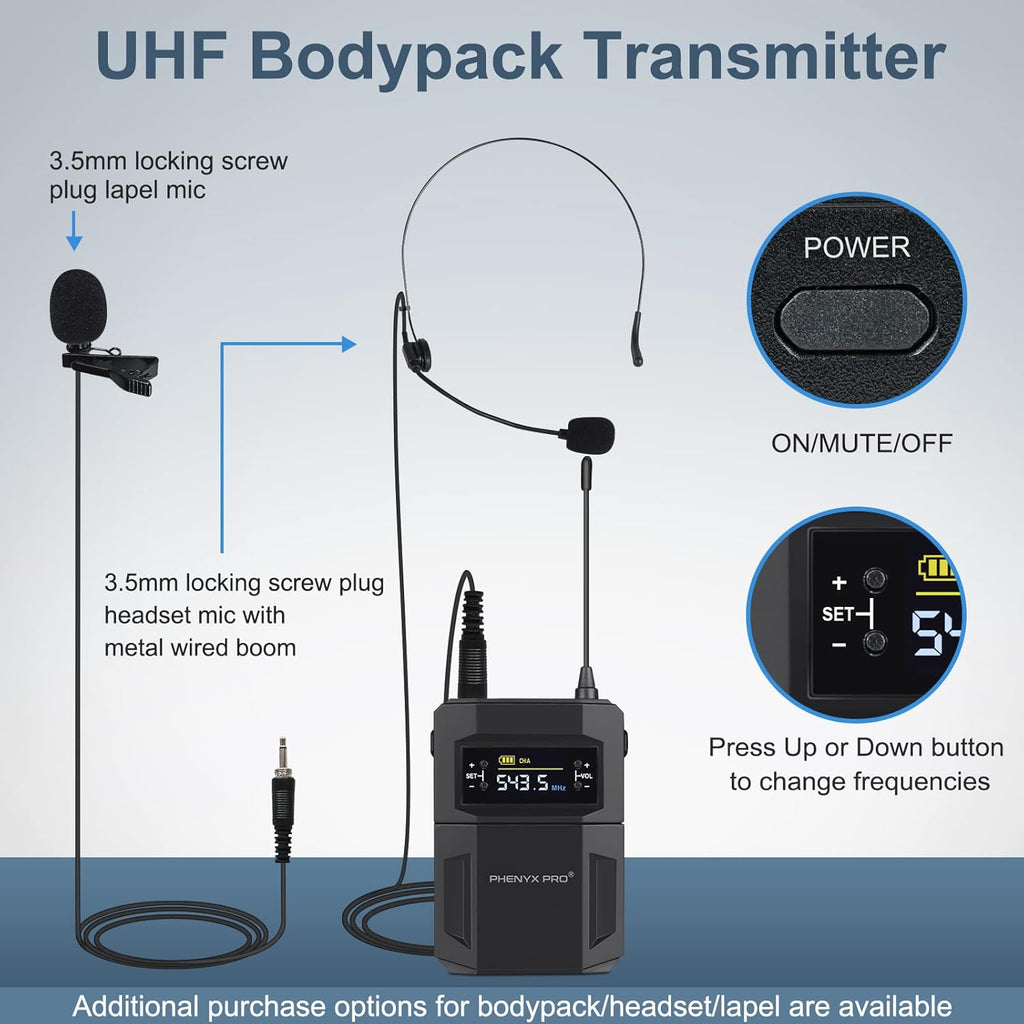 UHF Wireless Microphone System, 30 Adjustable Frequencies, Handheld/Bodypack/Headset/Lapel Mic Set with Case W135