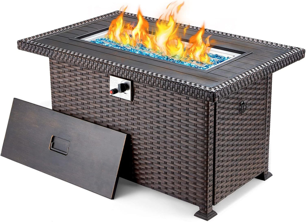 44in Propane Fire Pit Table with Lid, Cover, Glass Beads F4303