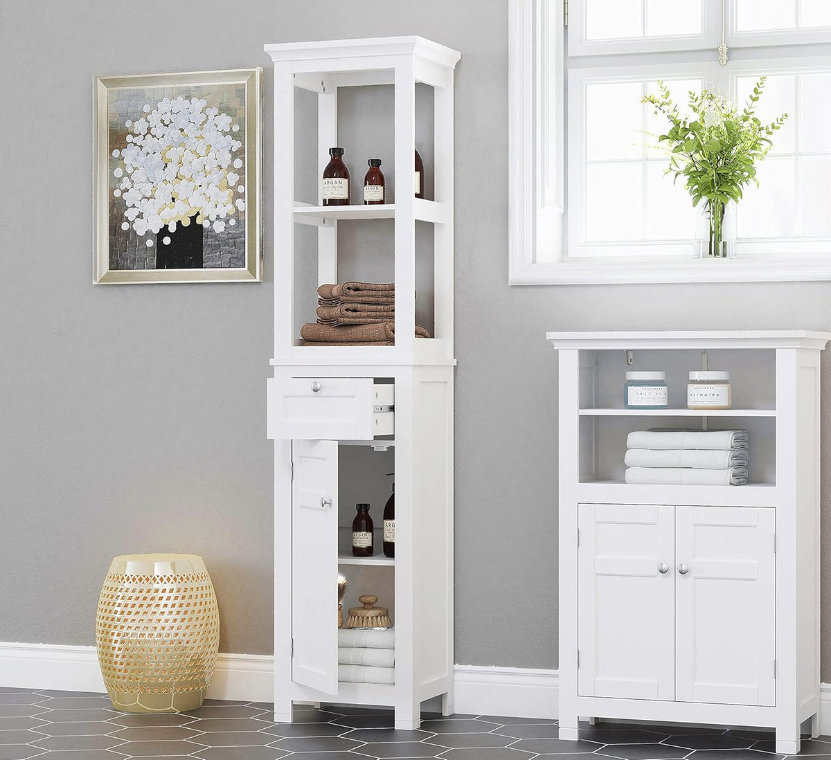White Freestanding Bathroom Storage Cabinet with Door and Drawer A431875