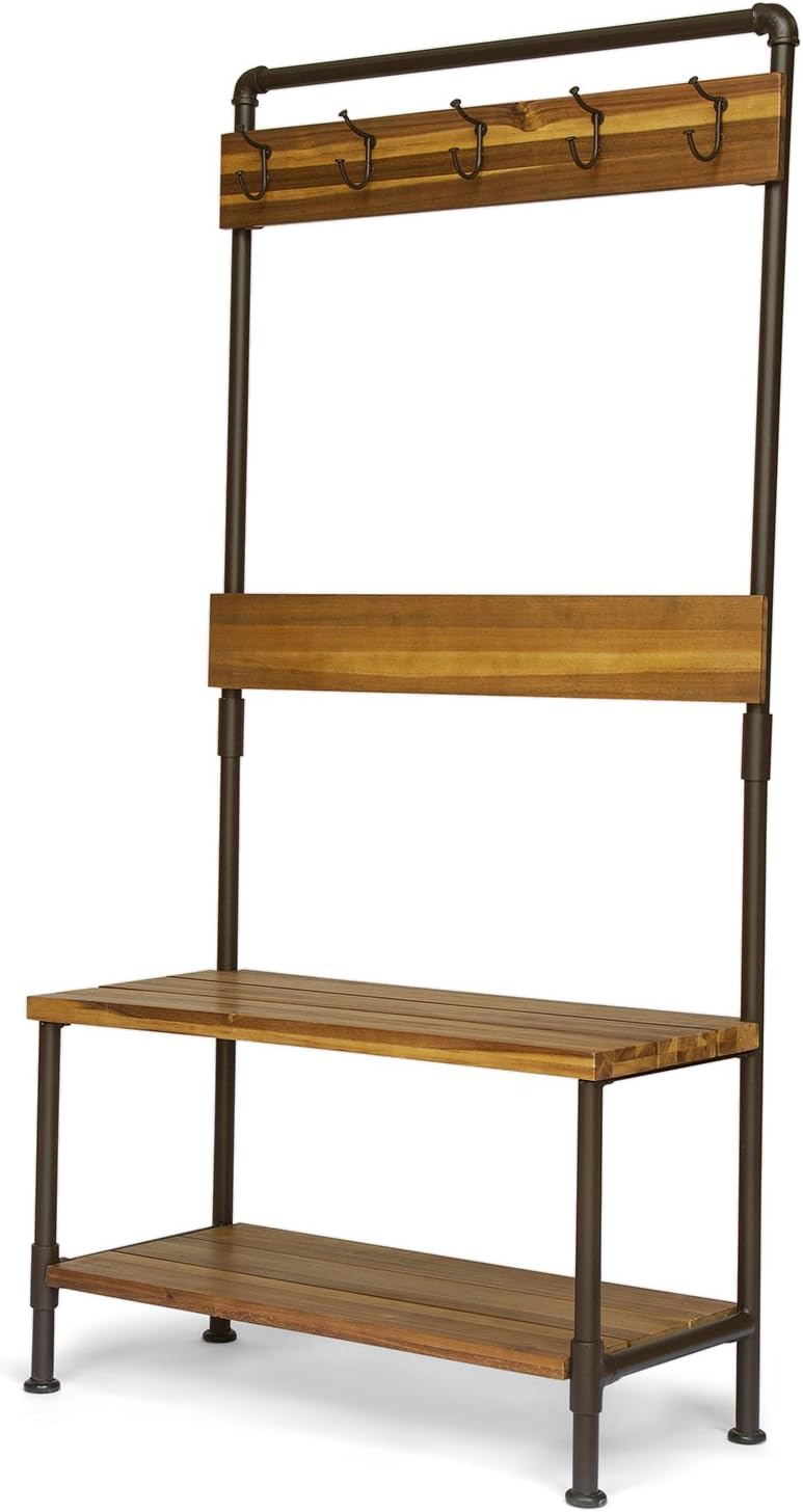 Acacia Wood Bench with Shelf and Coat Hooks H2123