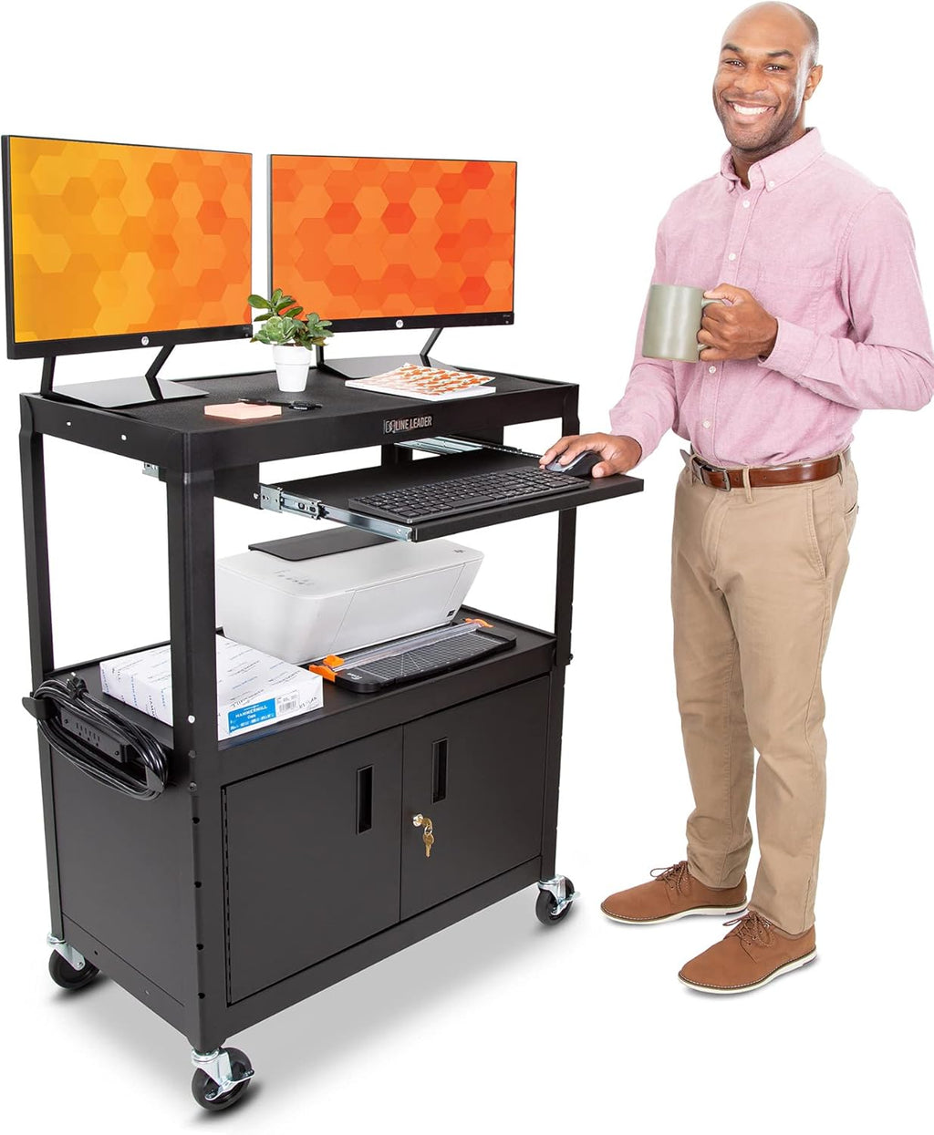 Black Height Adjustable AV Cart with Locking Cabinet I86542