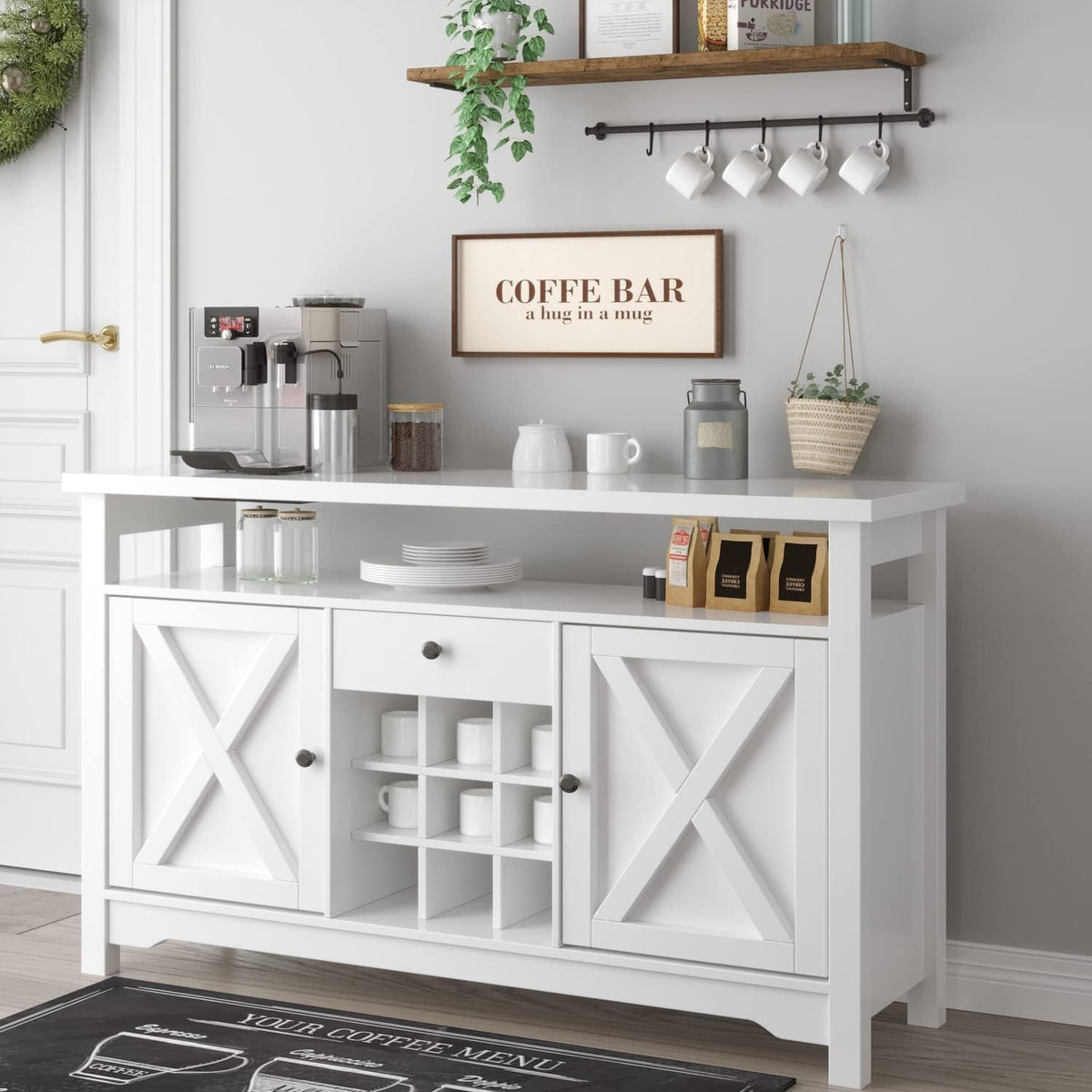 White 47” Kitchen Buffet Storage Cabinet with Barn Door Q12203