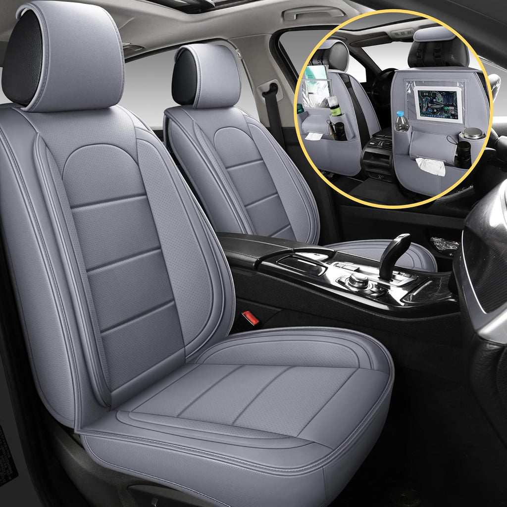 Leather Car Seat Covers with Backseat Organizer, Front Pair, Grey A417