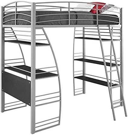 Gray Metal Twin Loft Bed with Desk and Bookcase I128