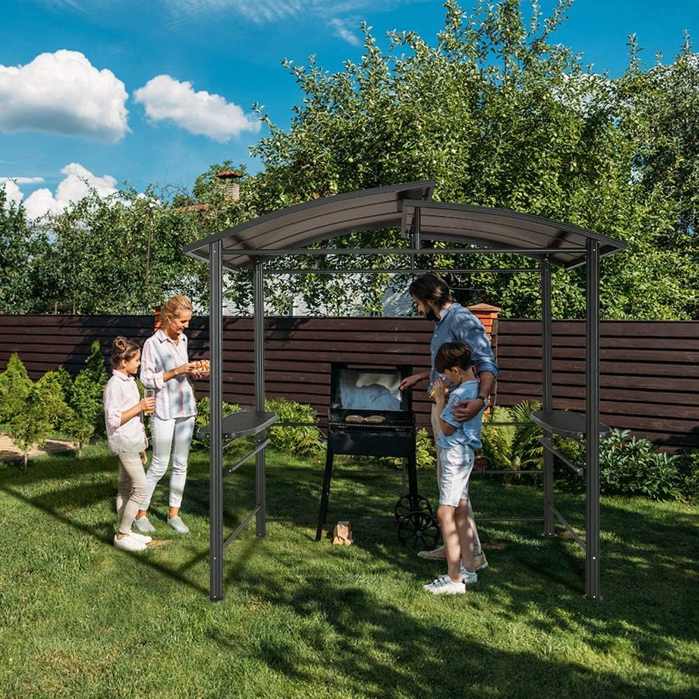 8'x5' Steel Frame Double-Tier Polycarbonate Top Grill Gazebo with Shelves H17904