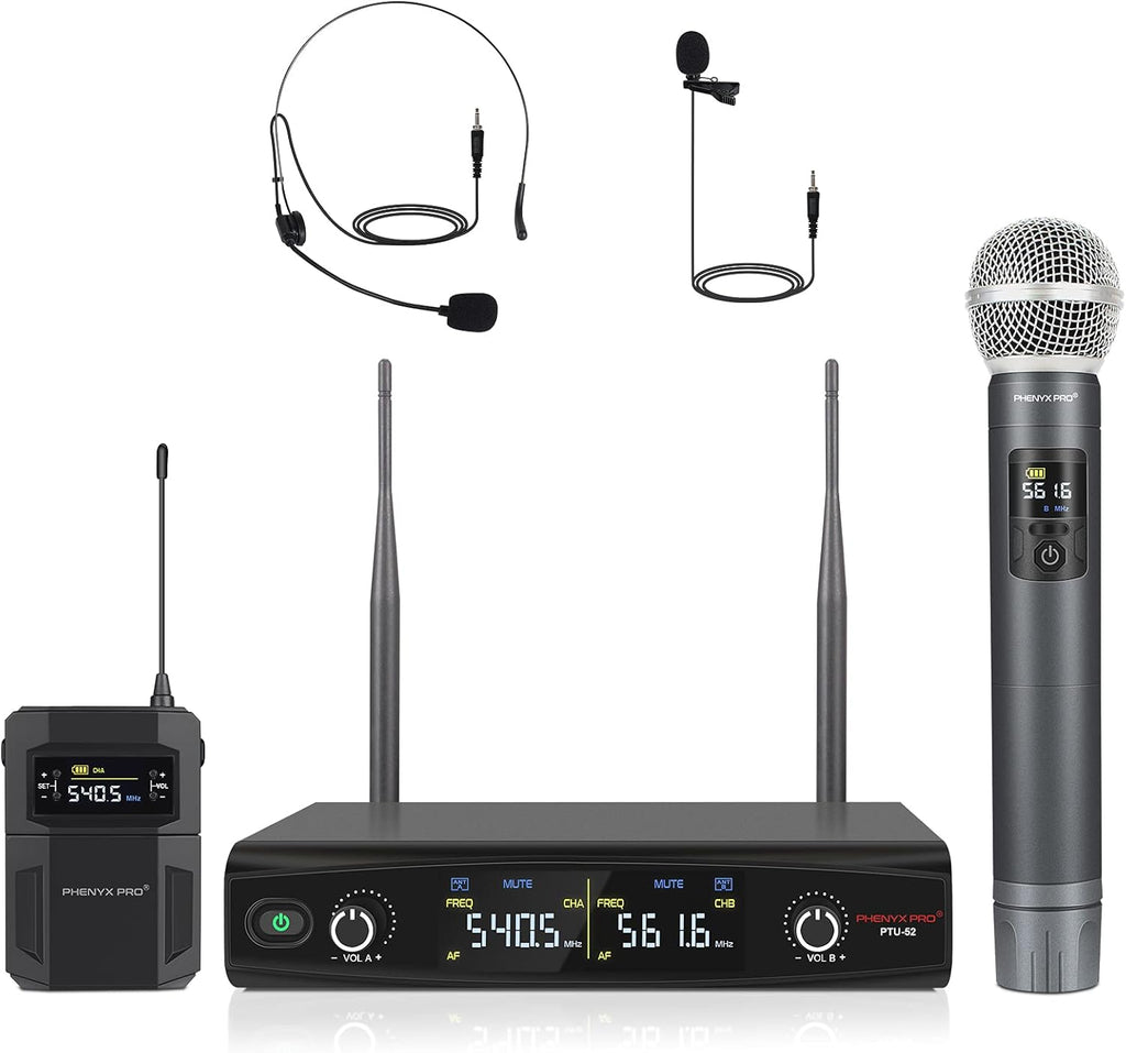 UHF Wireless Microphone System, 30 Adjustable Frequencies, Handheld/Bodypack/Headset/Lapel Mic Set with Case W135