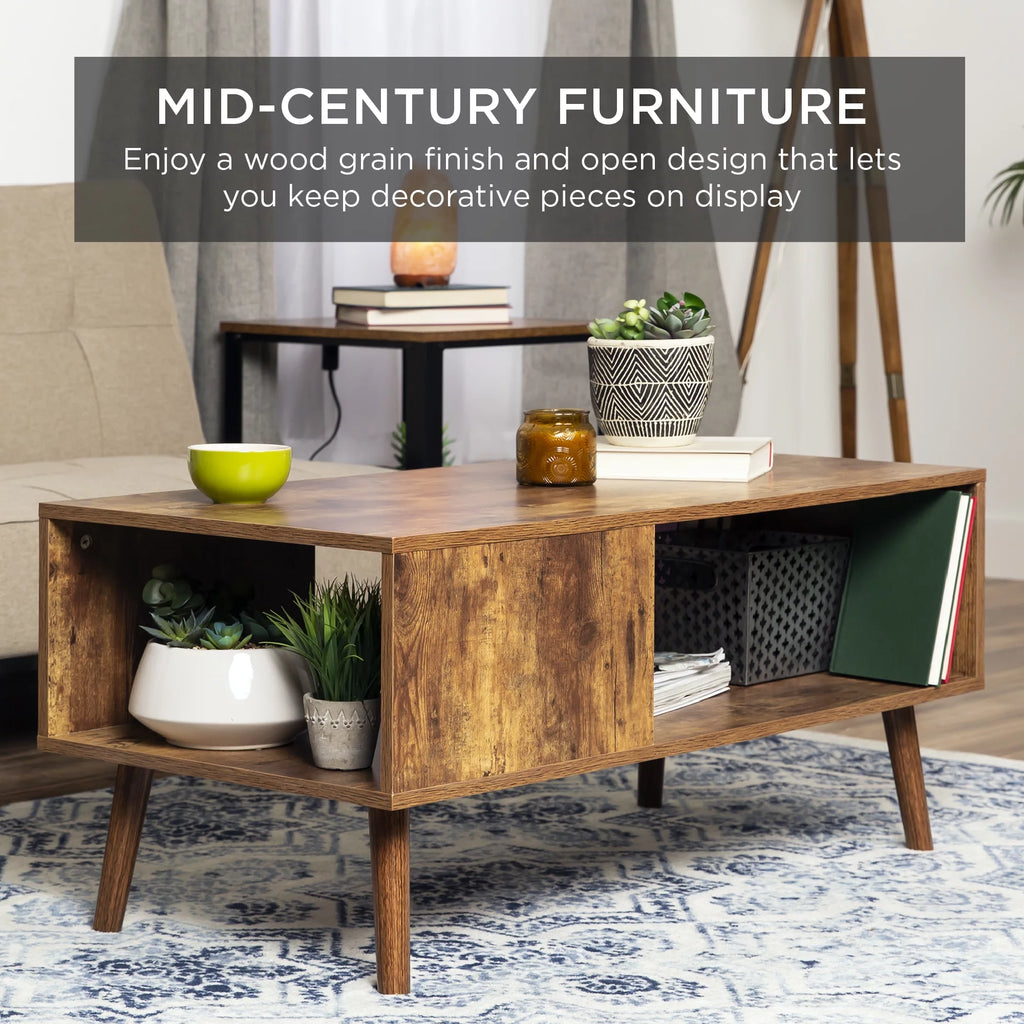 Wooden Mid-Century Modern Coffee Accent Table with Open Storage Shelf Brown T804
